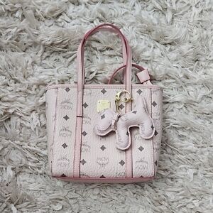MCM Liz Pink Logo Monogram Small Tote with Charm